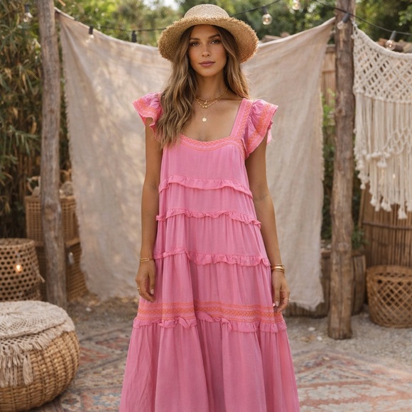 j. marie Dresses & Skirts - Pink Boho Embroidered Tiered Ruffle Dress
